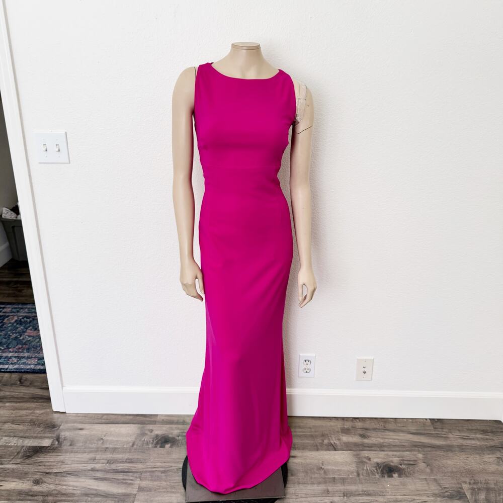 [Lauren Ralph Lauren] Magenta Pink Crepe High Neck Cutout Back Maxi Dress Sz 14